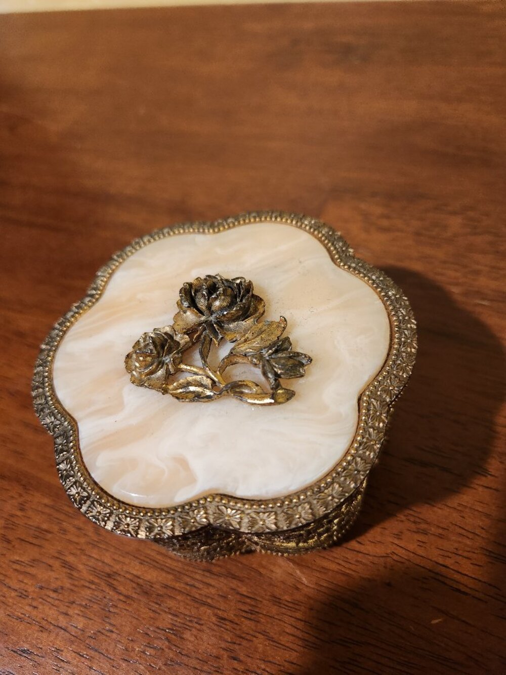 Vintage 1970s Mele Brass Rose Lidded Jewelry Box
